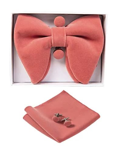 GUSLESON Coral Pink Velvet Bow Tie Set with Pocket Square & Cufflinks | Pre-tied Adjustable thumbnail 2
