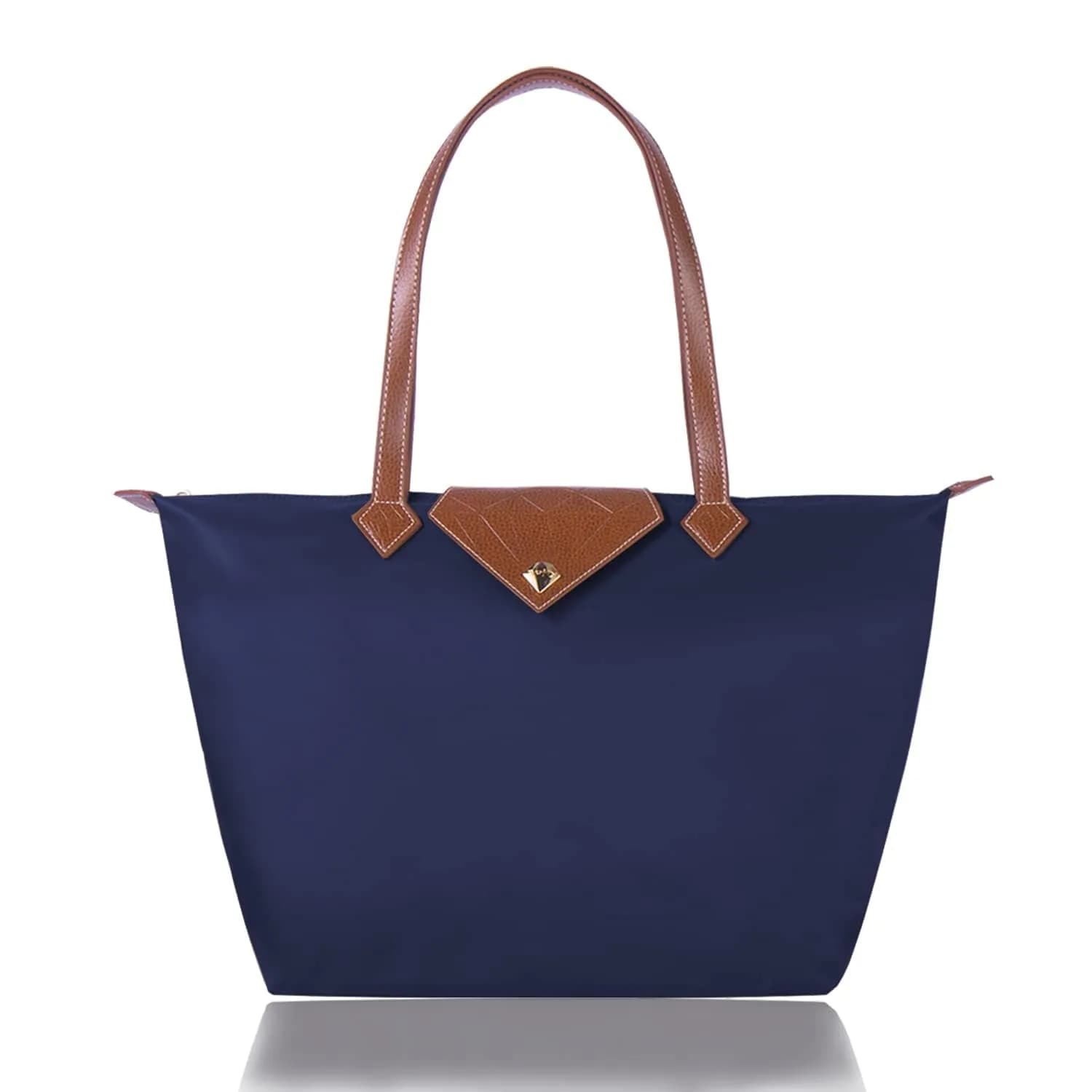 BOJLY Women Tote Bag, Stylish Waterproof Nylon Ladies Shoulder Bag, Folding Beach Travel Bag for Work, Shopping, Black Large (31 x 28.5 x 18.5 cm / 12.2 x 11.2 x 7.28 in) — Blue