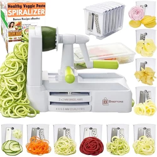 Brieftons 10-Blade Vegetable Spiralizer: Zoodle Maker & Veggie Noodle Maker, Potato String & Curly Fry Cutter, Japanese Steel Blades, Catch Container, Strong Suction Pad, 4 eBooks (10-Piece Set) thumbnail 1