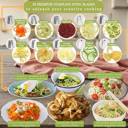 Brieftons 10-Blade Vegetable Spiralizer: Zoodle Maker & Veggie Noodle Maker, Potato String & Curly Fry Cutter, Japanese Steel Blades, Catch Container, Strong Suction Pad, 4 eBooks (10-Piece Set) thumbnail 4