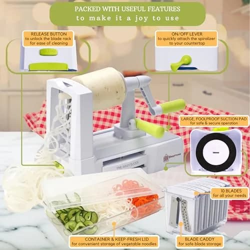 Brieftons 10-Blade Vegetable Spiralizer: Zoodle Maker & Veggie Noodle Maker, Potato String & Curly Fry Cutter, Japanese Steel Blades, Catch Container, Strong Suction Pad, 4 eBooks (10-Piece Set) thumbnail 6