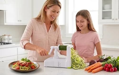 Brieftons 10-Blade Vegetable Spiralizer: Zoodle Maker & Veggie Noodle Maker, Potato String & Curly Fry Cutter, Japanese Steel Blades, Catch Container, Strong Suction Pad, 4 eBooks (10-Piece Set) thumbnail 9