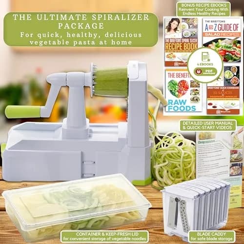 Brieftons 10-Blade Vegetable Spiralizer: Zoodle Maker & Veggie Noodle Maker, Potato String & Curly Fry Cutter, Japanese Steel Blades, Catch Container, Strong Suction Pad, 4 eBooks (10-Piece Set) thumbnail 3
