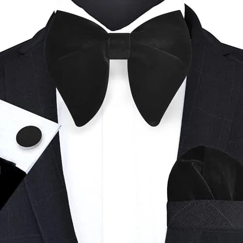 GUSLESON Solid Black Velvet Bow Tie Set with Pocket Square & Cufflinks | Pre-tied Adjustable thumbnail 2