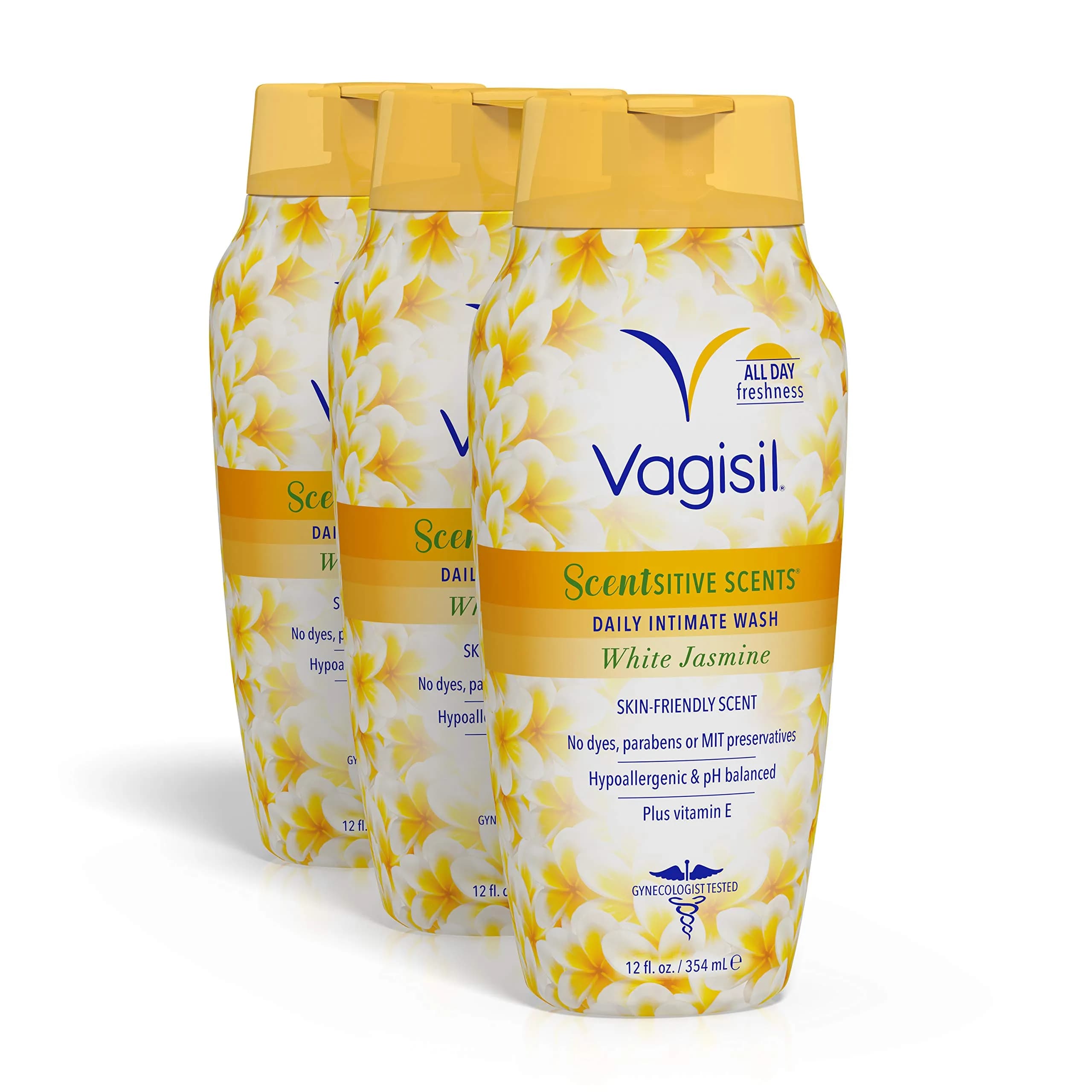 Vagisil Scentsitive Scents Feminine Wash, White Jasmine, 12 Fl Oz (3 Pack) | Gentle, Moisturizing & Hypoallergenic — 12 Fl Oz