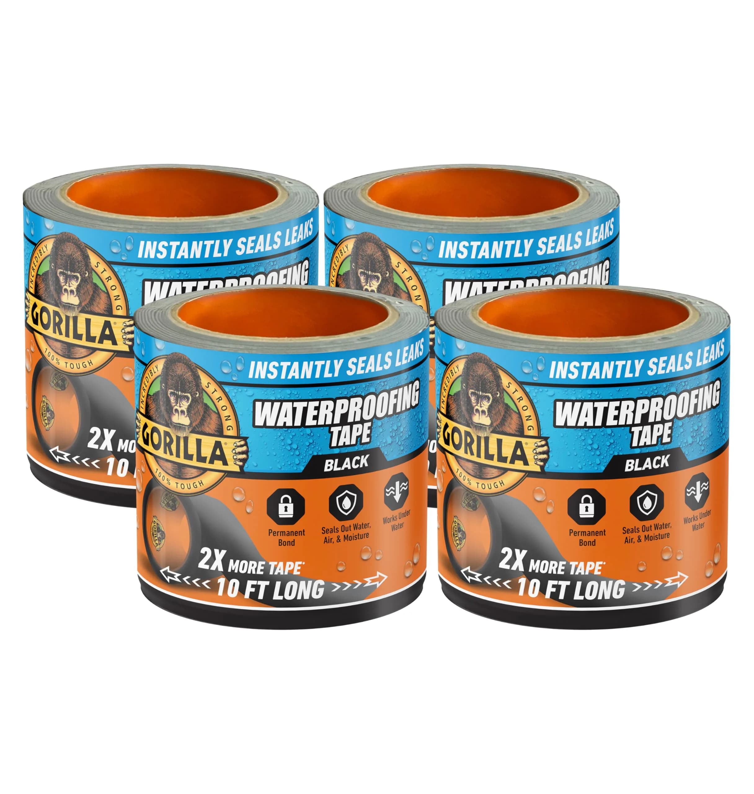 Gorilla Waterproof Patch & Seal Tape, Black, 4" x 10' (Pack of 4) | Permanent Weather Resistant Seal for Leaks and Repairs