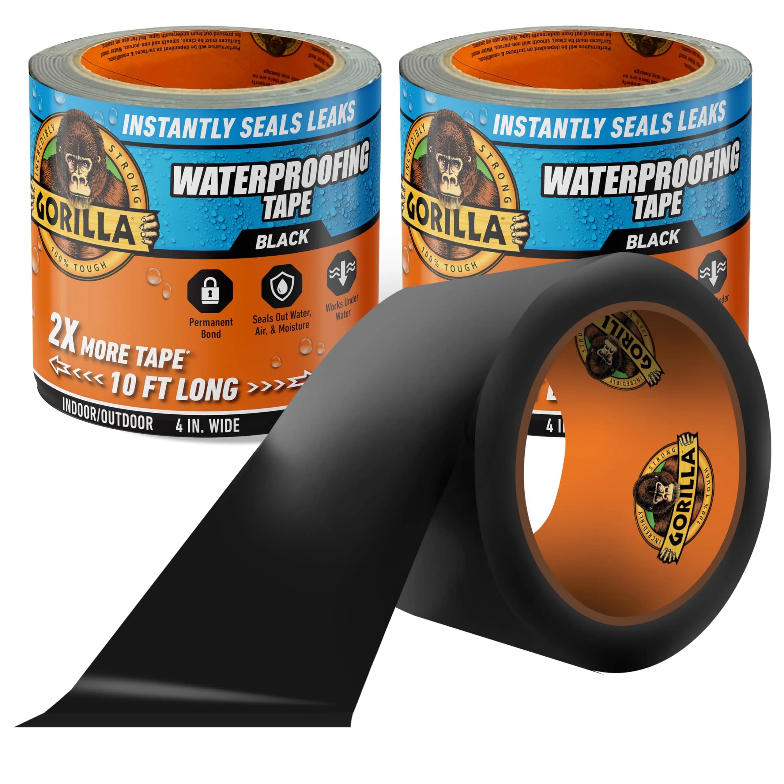 Gorilla Waterproof Patch & Seal Tape Black 4" x 10' (10 ft x 4 in) | Seals Water, Air, Moisture Permanently — Black / 2 - Pack
