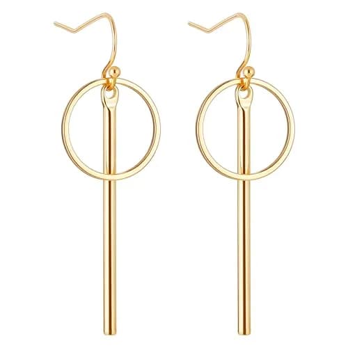 Aobei Pearl 18K Gold Plated Circle Bar Dangle Earrings 40mm (1.57 inches) | Minimalist Geometric Jewelry for Women thumbnail 1