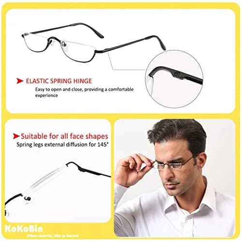 KoKoBin Half Reading Glasses 2 Pairs Metal Frame 2.50 Diopters | Clear Lens, Unisex Adult thumbnail 3