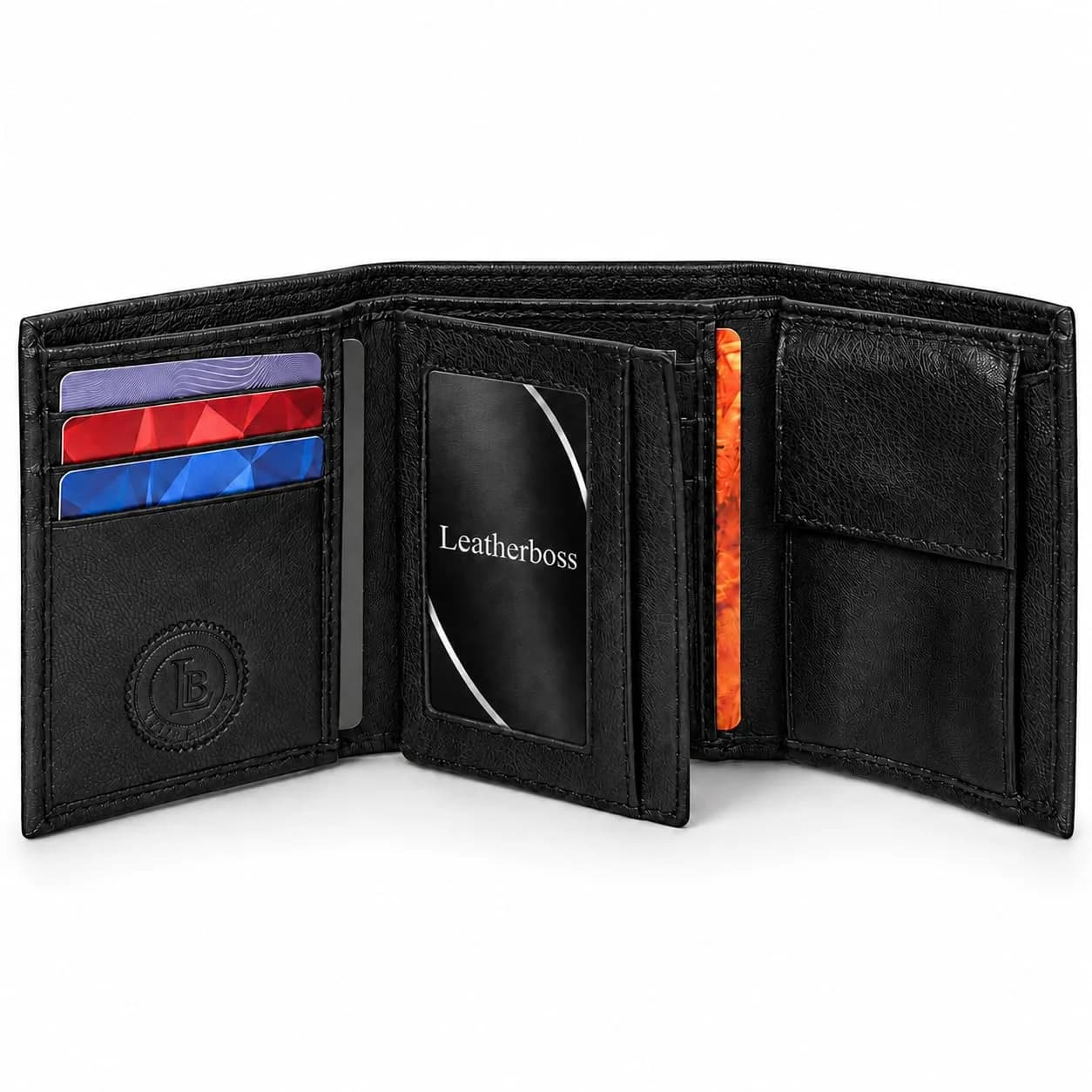 LB LEATHERBOSS Genuine Leather Trifold Wallet for Men & Women | Slim Compact Brown (10.6cm x 8.6cm x 3.5cm) — Black