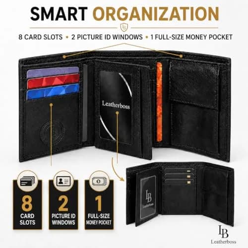 LB LEATHERBOSS Black Genuine Leather Trifold Wallet for Men | 10.16cm (4in) Long thumbnail 4