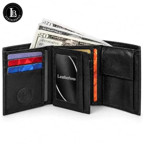 LB LEATHERBOSS Black Genuine Leather Trifold Wallet for Men | 10.16cm (4in) Long thumbnail 5
