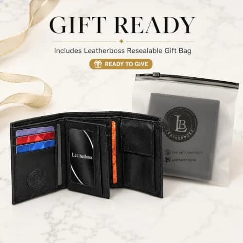 LB LEATHERBOSS Black Genuine Leather Trifold Wallet for Men | 10.16cm (4in) Long thumbnail 9