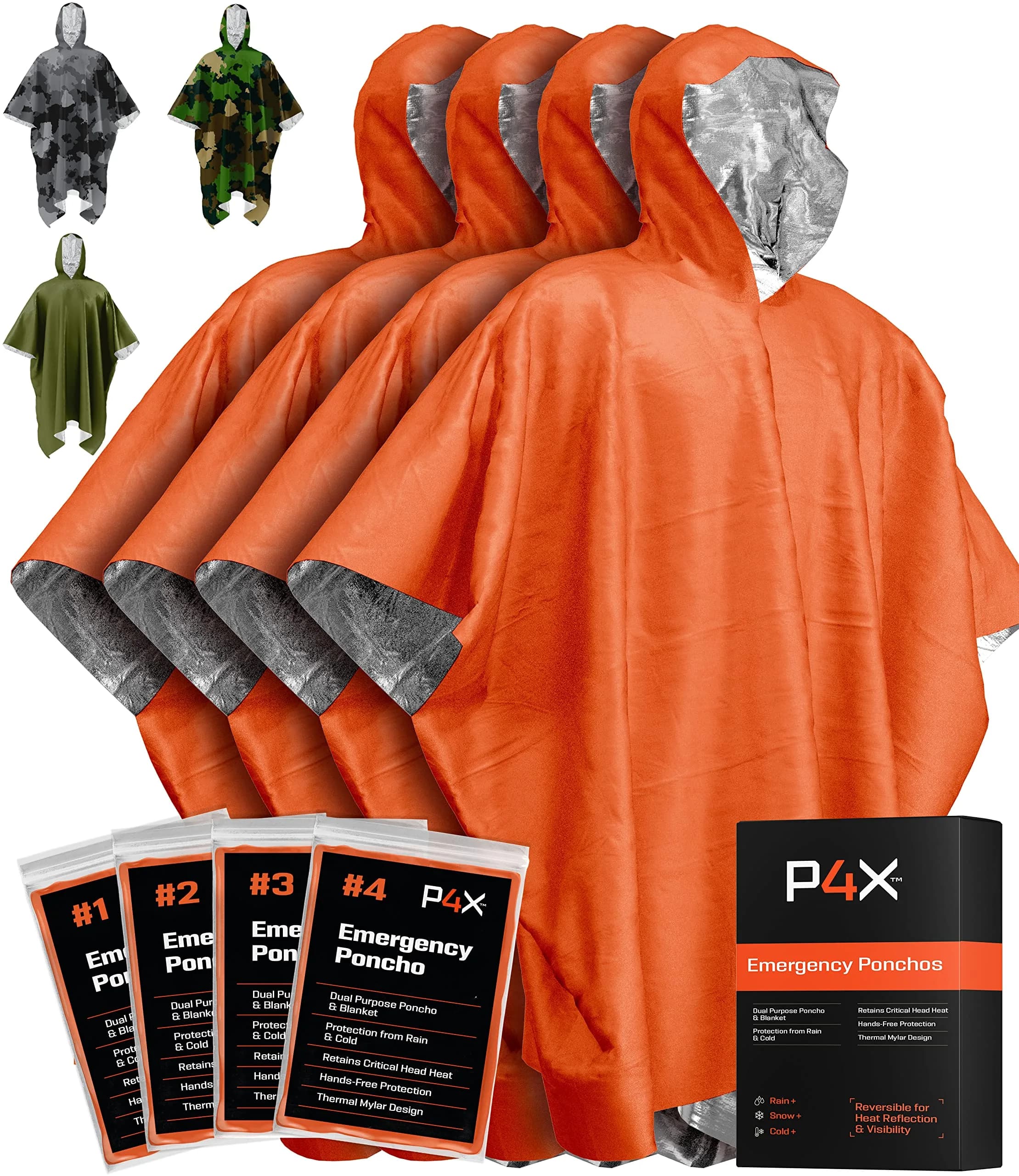 PREPARED4X Emergency Poncho with Mylar Blanket Liner 4-Pack | Waterproof & Wind-Resistant for Camping & Survival — Orange