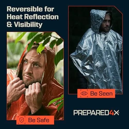 PREPARED4X Emergency Mylar Poncho 4-Pack (Orange) | Survival Rain Poncho with Hood, Reusable Thermal Gear thumbnail 4