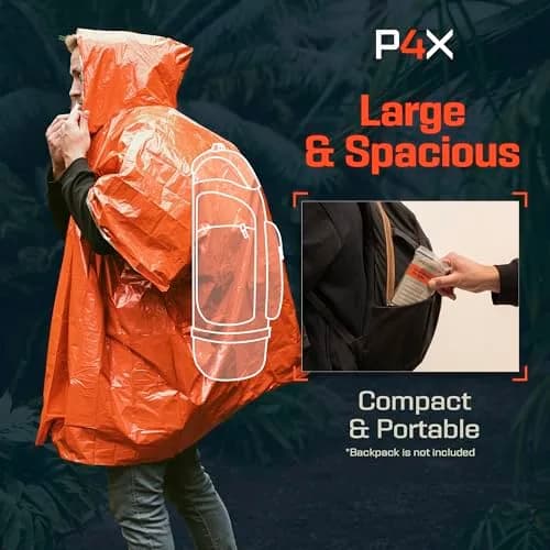 PREPARED4X Emergency Mylar Poncho 4-Pack (Orange) | Survival Rain Poncho with Hood, Reusable Thermal Gear thumbnail 7