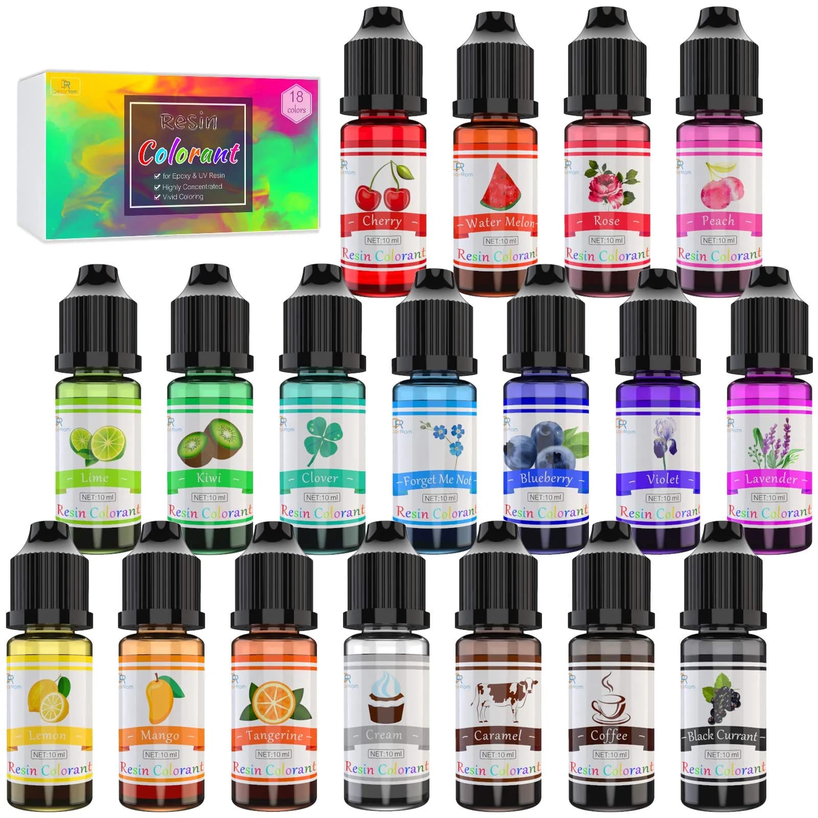 DecorRom Liquid Epoxy Resin Pigment 10ml (0.35 Fl Oz) Each | 18 Assorted Colors for Art & Jewelry