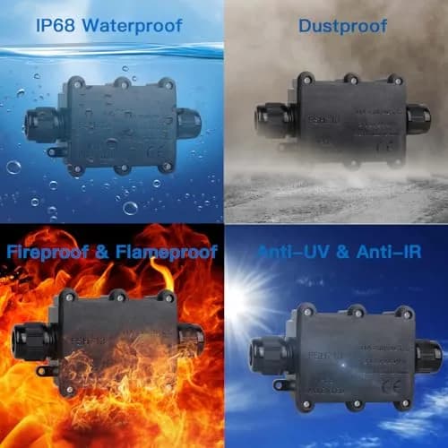 Helunsi IP68 Waterproof External Junction Box 2 Way 135mm (5.31in) Black | Connect Wires Safely Outdoors thumbnail 2
