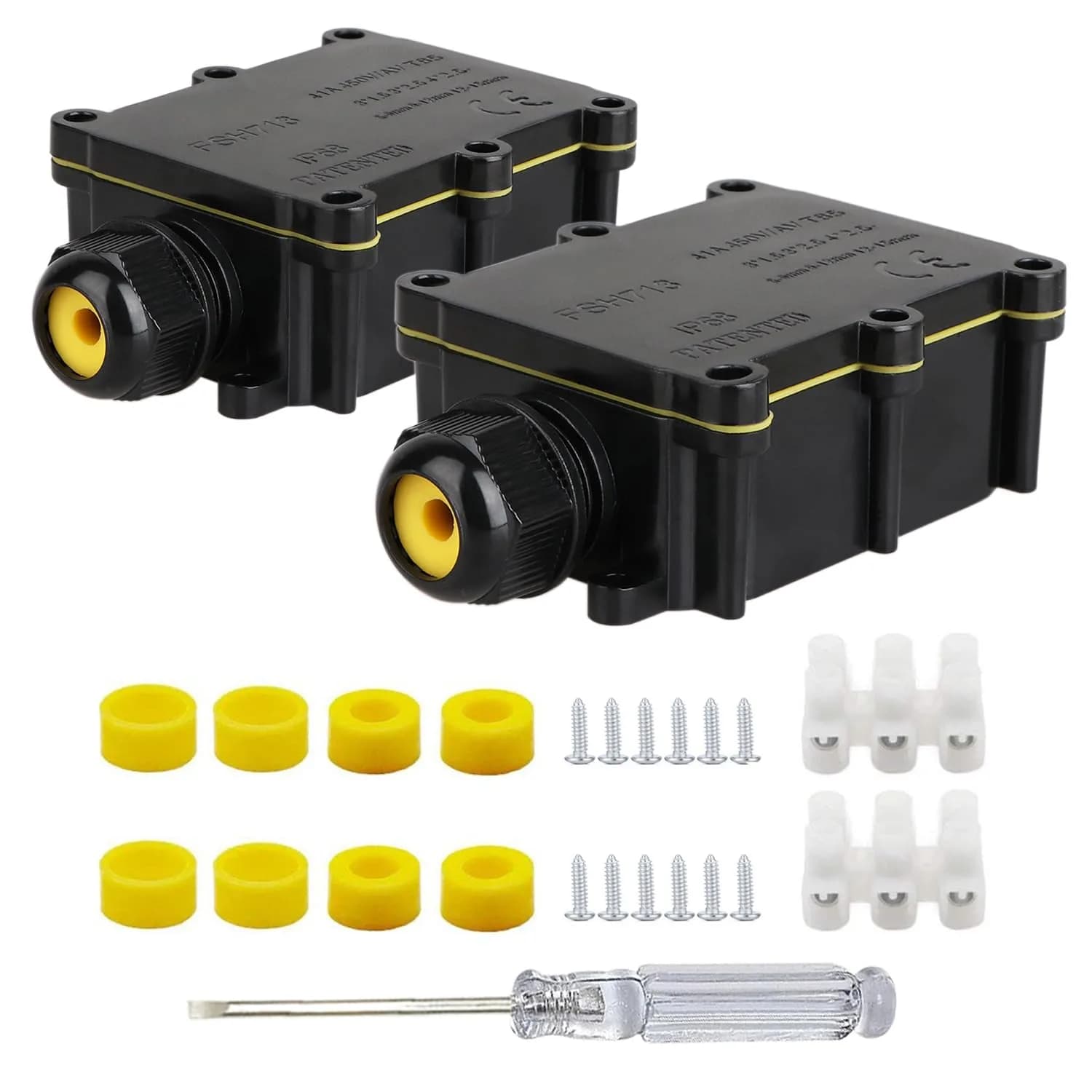 Helunsi IP68 Waterproof External Junction Box 2 Pack | 450V 24A Outdoor Wiring Connector — Black-2pcs