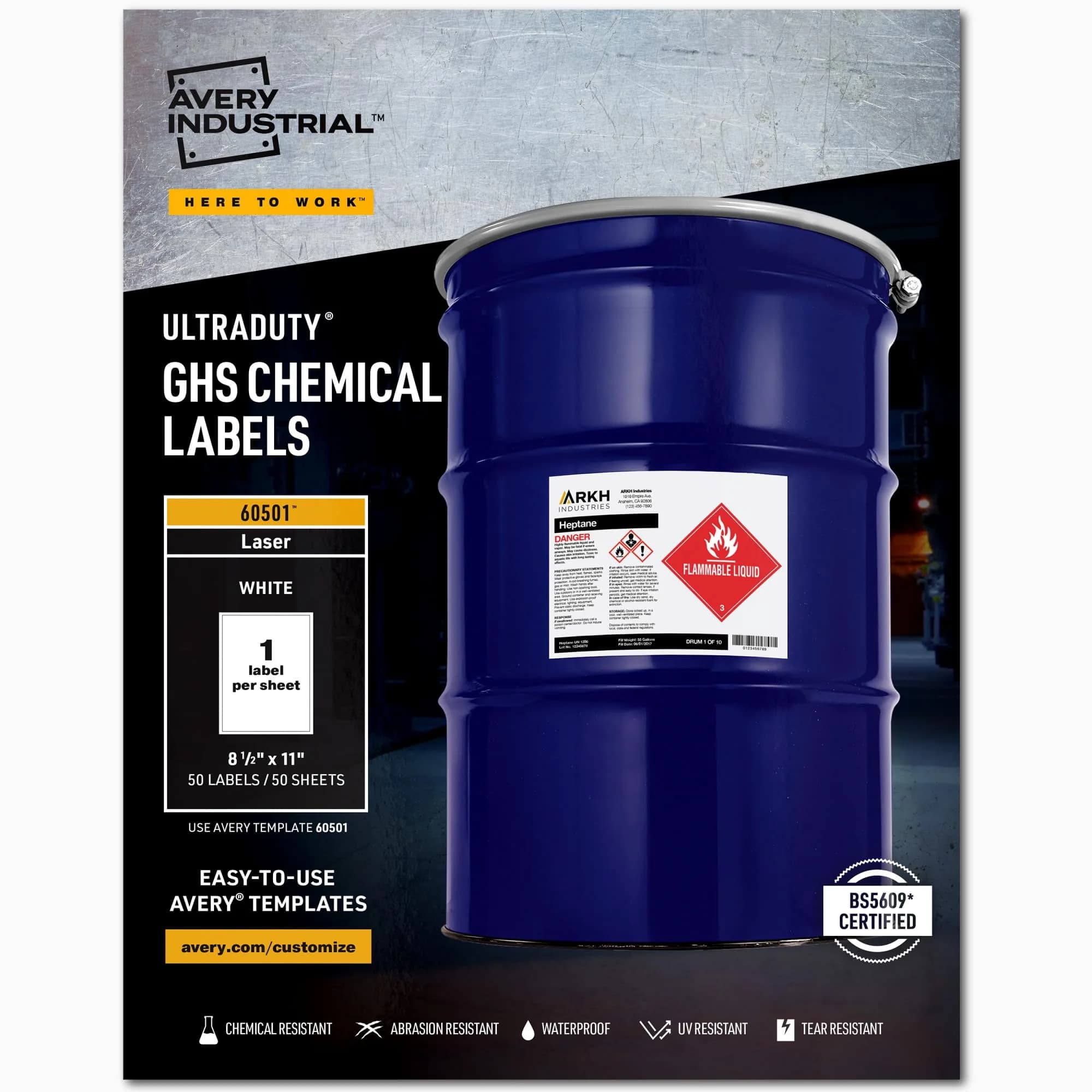 Avery UltraDuty GHS Chemical Labels 8.5 x 11 Inch, 250 Labels | Waterproof, UV Resistant, Chemical Resistant