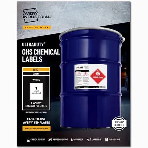 Avery UltraDuty GHS Chemical Labels 8.5 x 11 Inch, 250 Labels | Waterproof, UV Resistant, Chemical Resistant thumbnail 1
