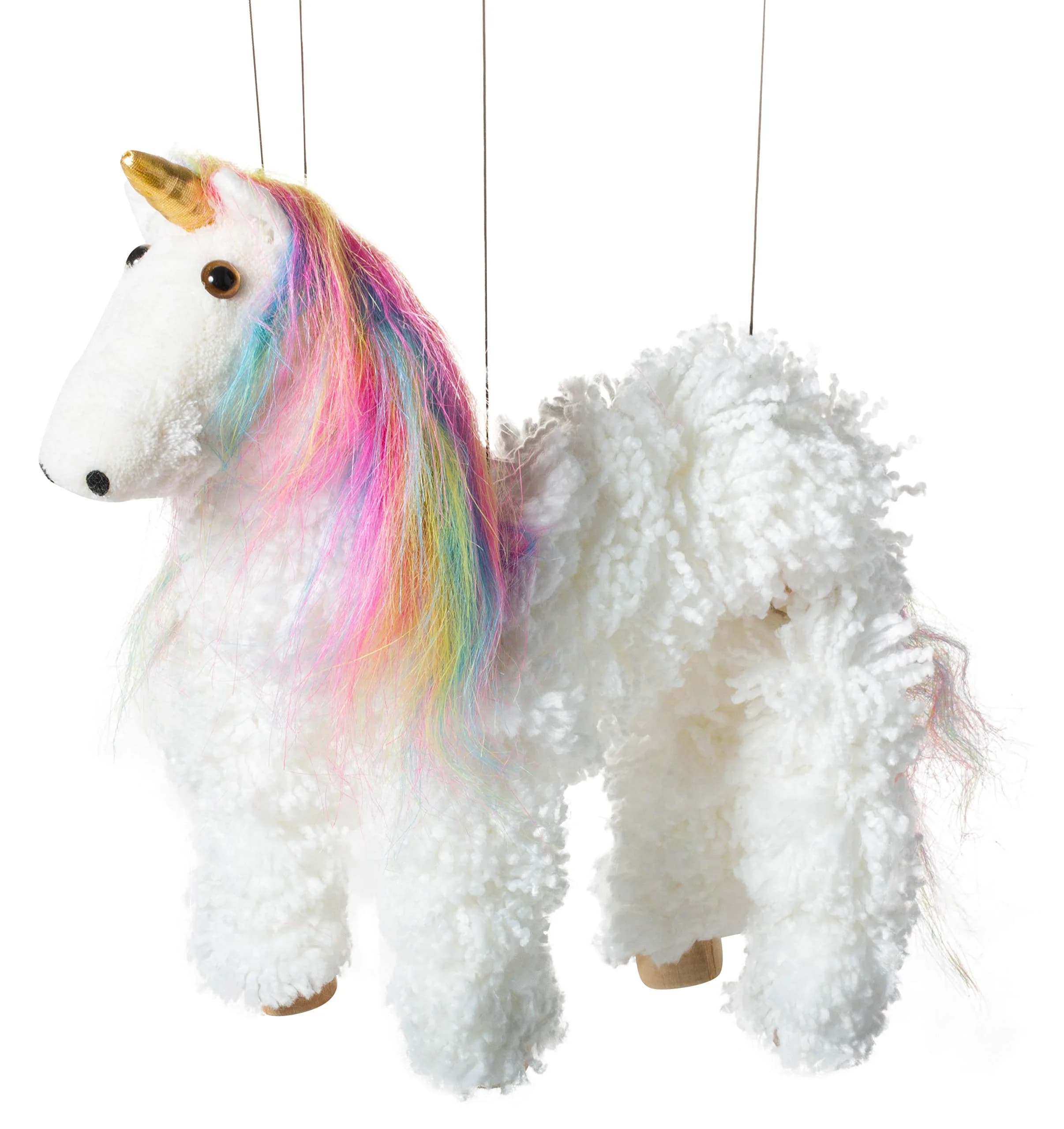 Artisan Owl Rainbow Mane Unicorn Marionette Puppet | Wooden Feet & Detachable Strings (White) - main product image