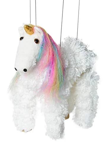 Artisan Owl Rainbow Mane Unicorn Marionette Puppet | Wooden Feet & Detachable Strings (White) thumbnail 2