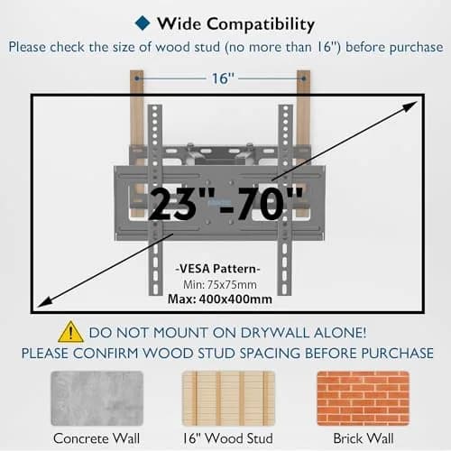 BONTEC Full Motion TV Wall Mount Bracket for 23-70 Inch TVs | Heavy Duty Dual Arm Swivel Tilt & Rotation | Fits 16" Wood Studs, Concrete, Brick Walls thumbnail 7