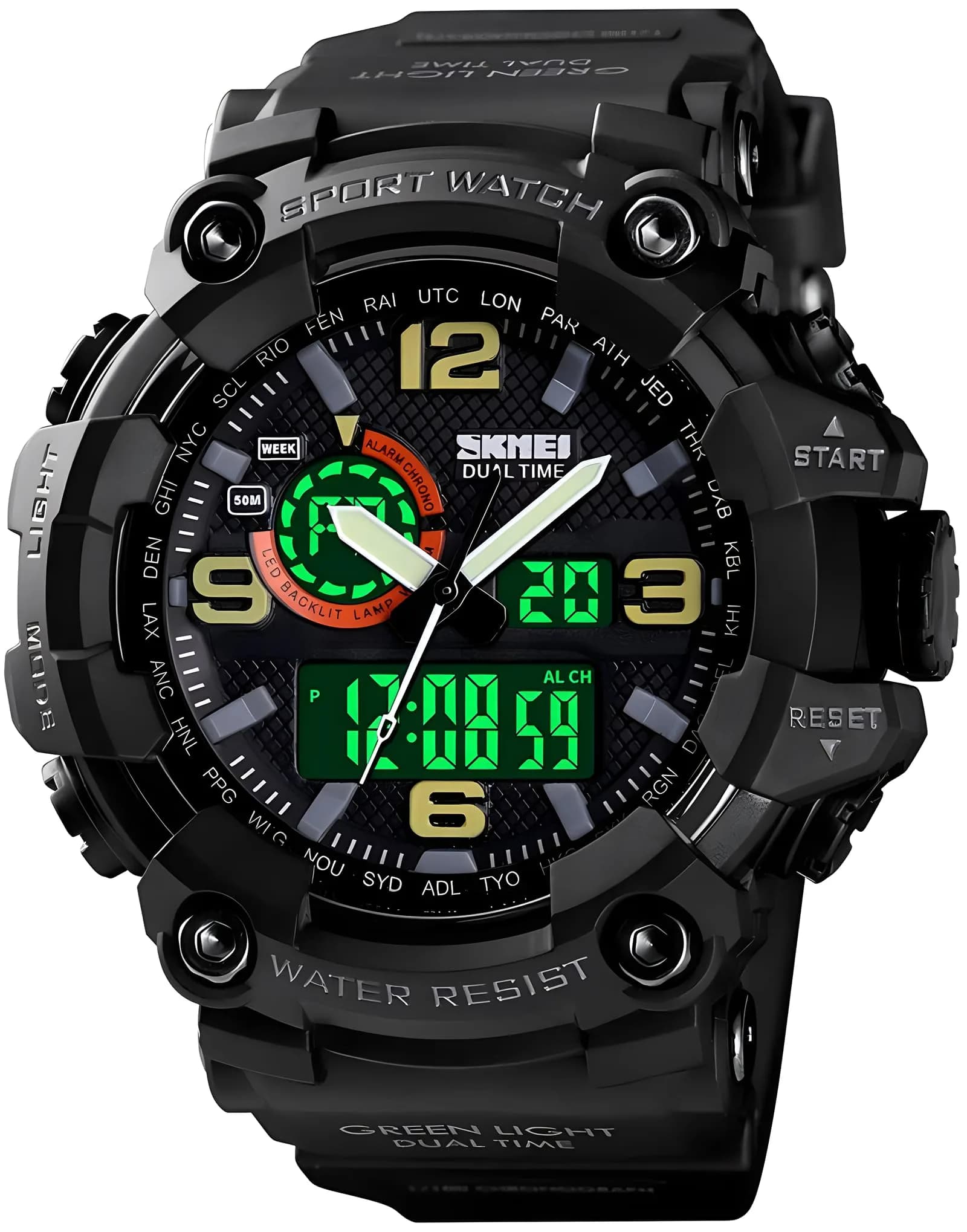 Gosasa Men's Large Face Outdoor Sports Watch 56mm (2.2in) | Dual Time Analog-Digital Display — A _1520_Black