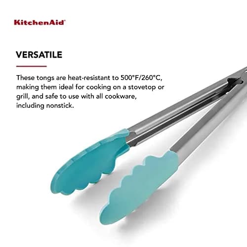 KitchenAid Silicone Tipped Stainless Steel Tongs, 12 Inch, Aqua Sky | Heat Resistant & Lockable thumbnail 2