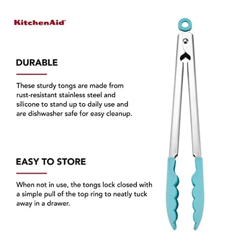 KitchenAid Silicone Tipped Stainless Steel Tongs, 12 Inch, Aqua Sky | Heat Resistant & Lockable thumbnail 3