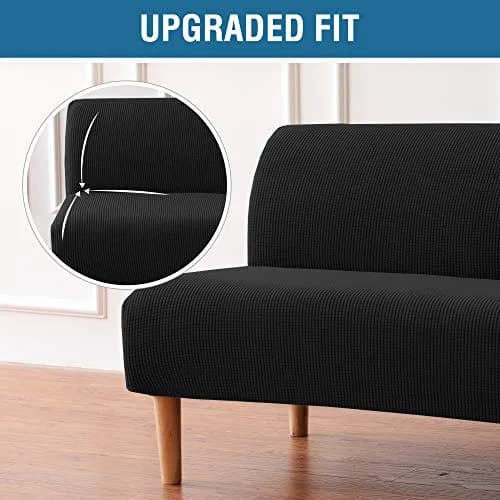 H.VERSAILTEX Armless Futon Cover Black Small Checks Jacquard Fabric 68-85 inch Width | Stretchy & Durable Sofa Protector thumbnail 3