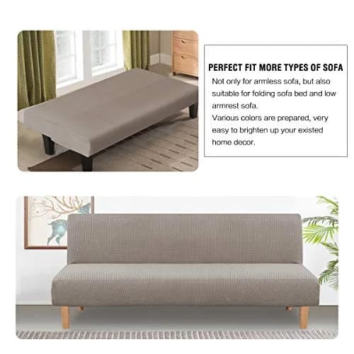 H.VERSAILTEX Armless Futon Cover Taupe Small Checks Jacquard Fabric 68-85 inch Width | Stretchable Sofa Bed Protector for Indian Homes thumbnail 4