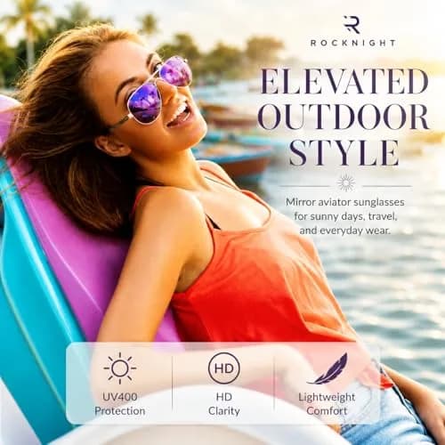 ROCKNIGHT Polarized Aviator Sunglasses Men Women UV400 Metal Frame Purple Mirror | 58mm Lens Width thumbnail 2