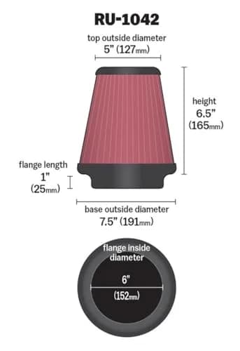 K&N Red High-Flow Universal Clamp-On Air Filter 15.24cm (6 In) | Engineered for Performance thumbnail 2