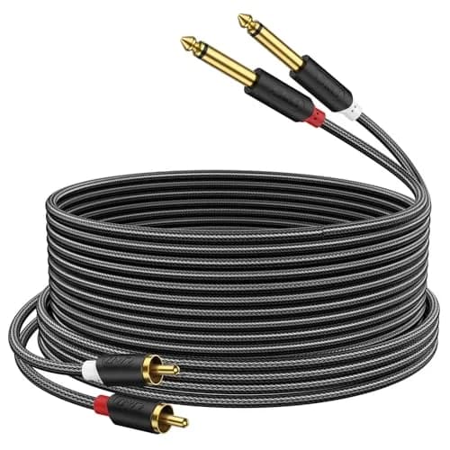 J&D Gold Plated Dual 1/4" TS to RCA Cable - 4.57m (15 Feet) Stereo Audio Interconnect with Nylon Braid | Connects Mixers, Amplifiers to RCA Devices thumbnail 1