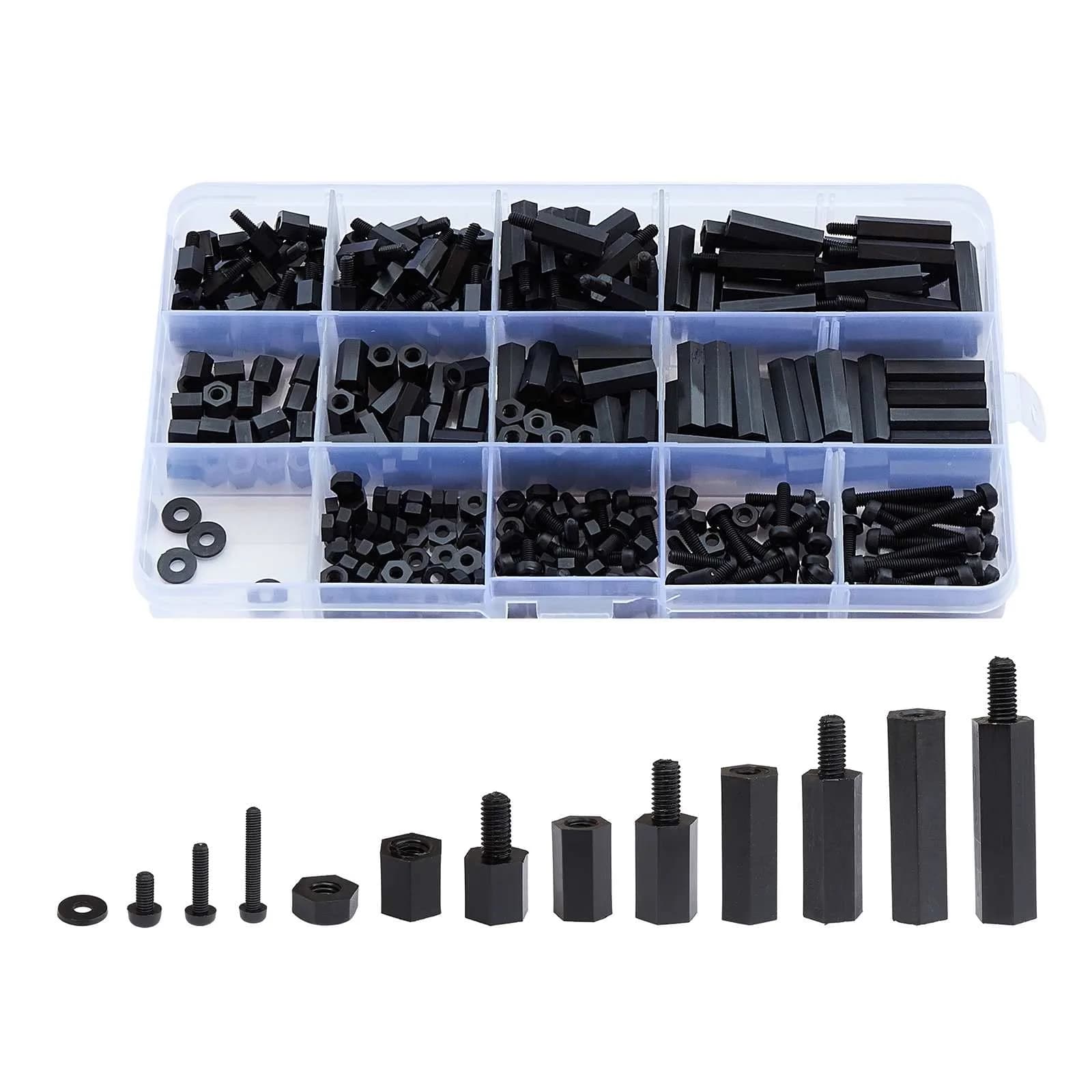LitOrange M3 Male Female Nylon Hex Spacer Standoff Screw Nut Threaded Pillar PCB Motherboard Assortment Kit (Black) - 320 Pieces