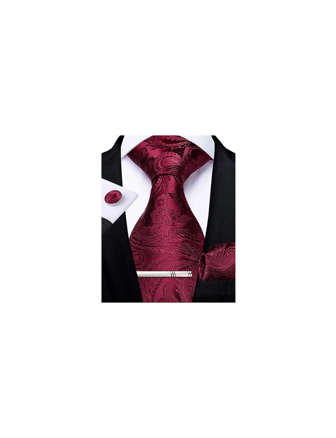 DiBanGu Paisley Silk Necktie and Pocket Square Set for Men | Burgundy, 150cm (59") x 8.1cm (3.15") - main product image