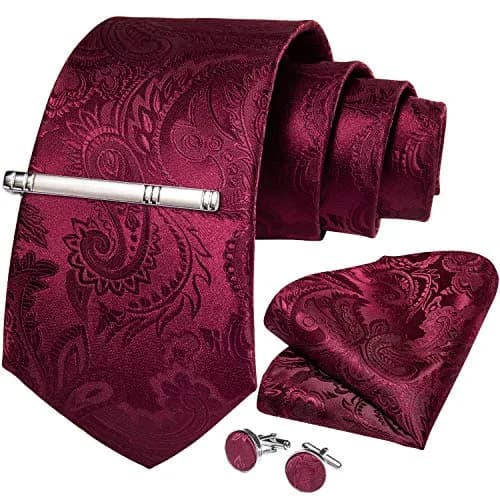 DiBanGu Paisley Silk Necktie and Pocket Square Set for Men | Burgundy, 150cm (59") x 8.1cm (3.15") thumbnail 4