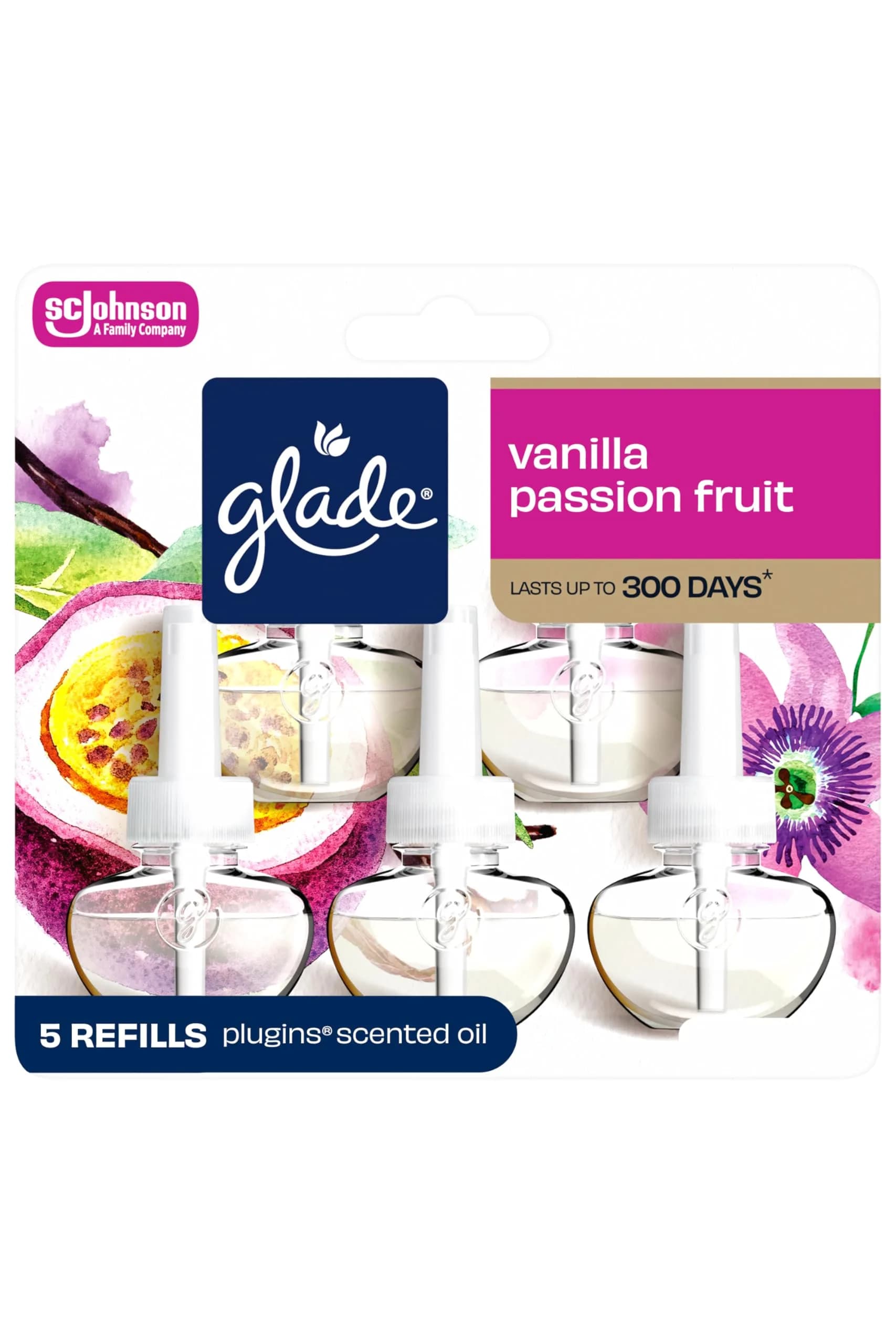 Glade Vanilla Passion Fruit PlugIns Air Freshener Refills 5 Count (156 ml Total) | Fragrance Infused with Essential Oils - main product image