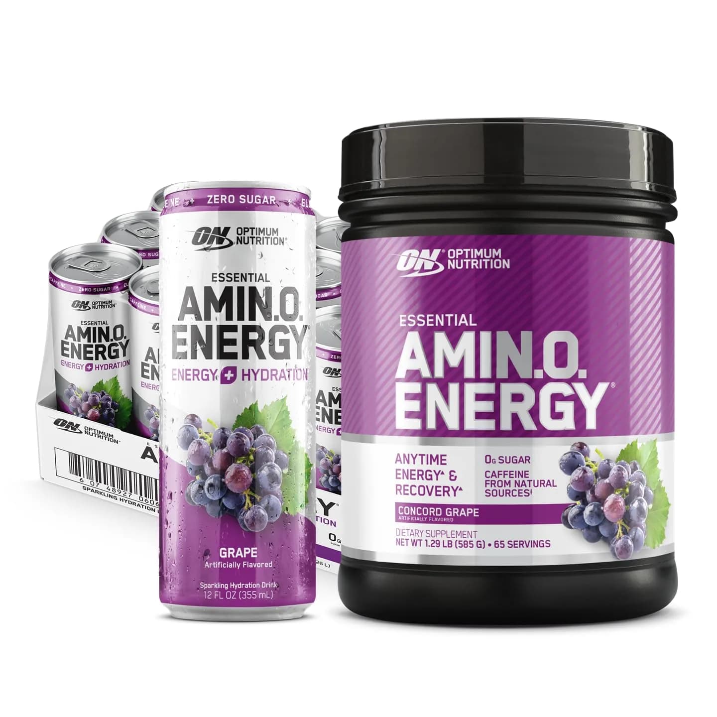Optimum Nutrition Amino Energy Powder Concord Grape 65 Servings + Sparkling Drink Grape 12 Count | Essential Amino Acids & Electrolytes