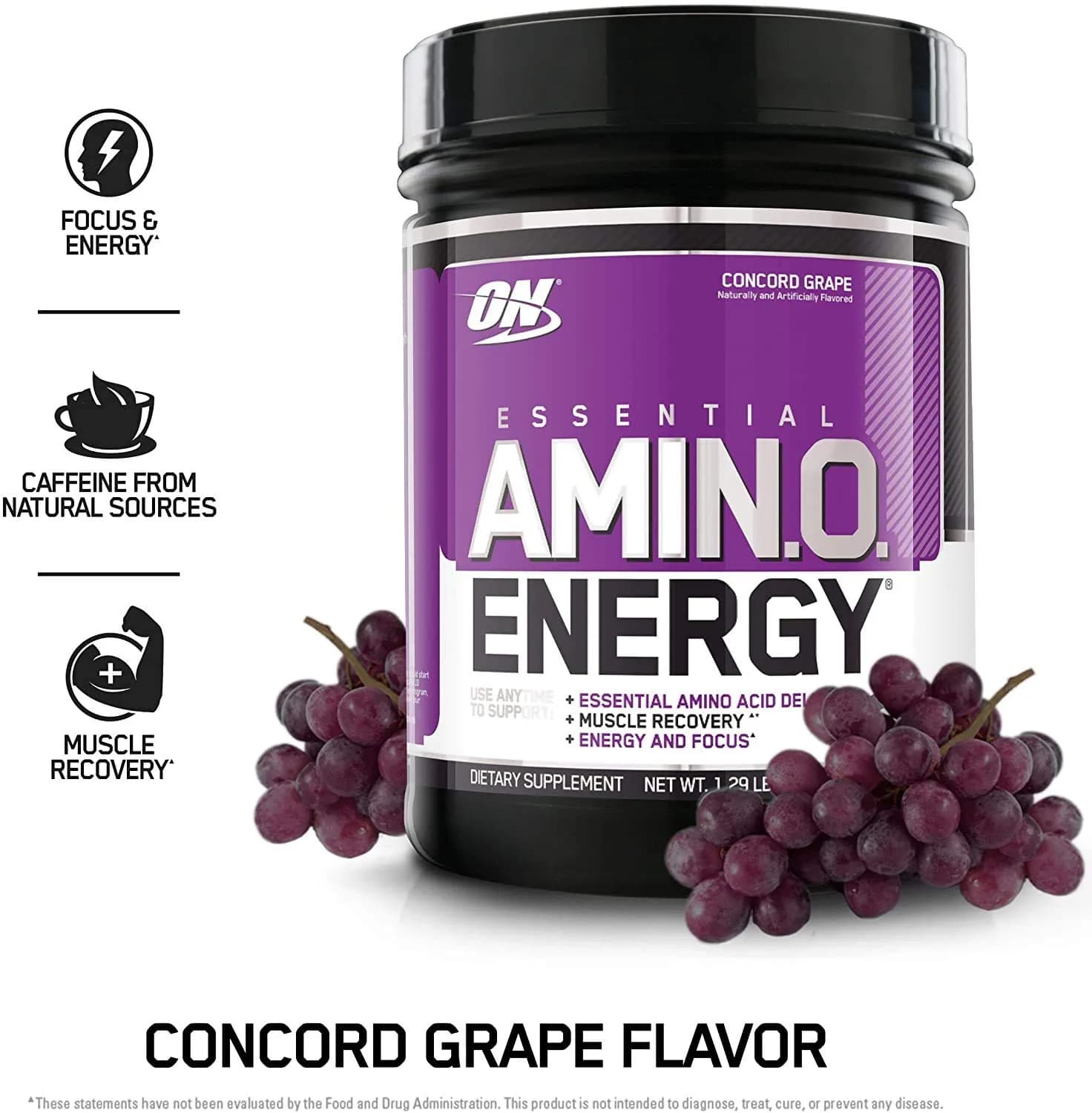 Optimum Nutrition Amino Energy Powder Concord Grape 65 Servings + Sparkling Drink Grape 12 Count | Essential Amino Acids & Electrolytes thumbnail 2