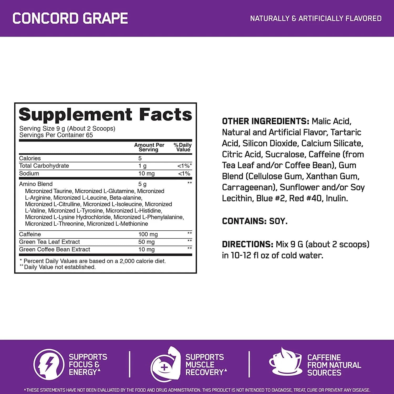Optimum Nutrition Amino Energy Powder Concord Grape 65 Servings + Sparkling Drink Grape 12 Count | Essential Amino Acids & Electrolytes thumbnail 3