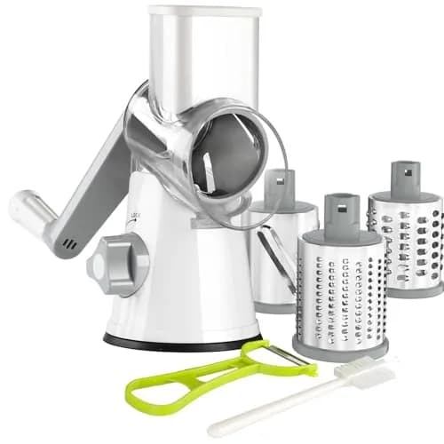 Ourokhome Rotary Cheese Grater Hand Crank | 3 Blades for Cheese & Vegetables, Blue — A-White / 3 blades