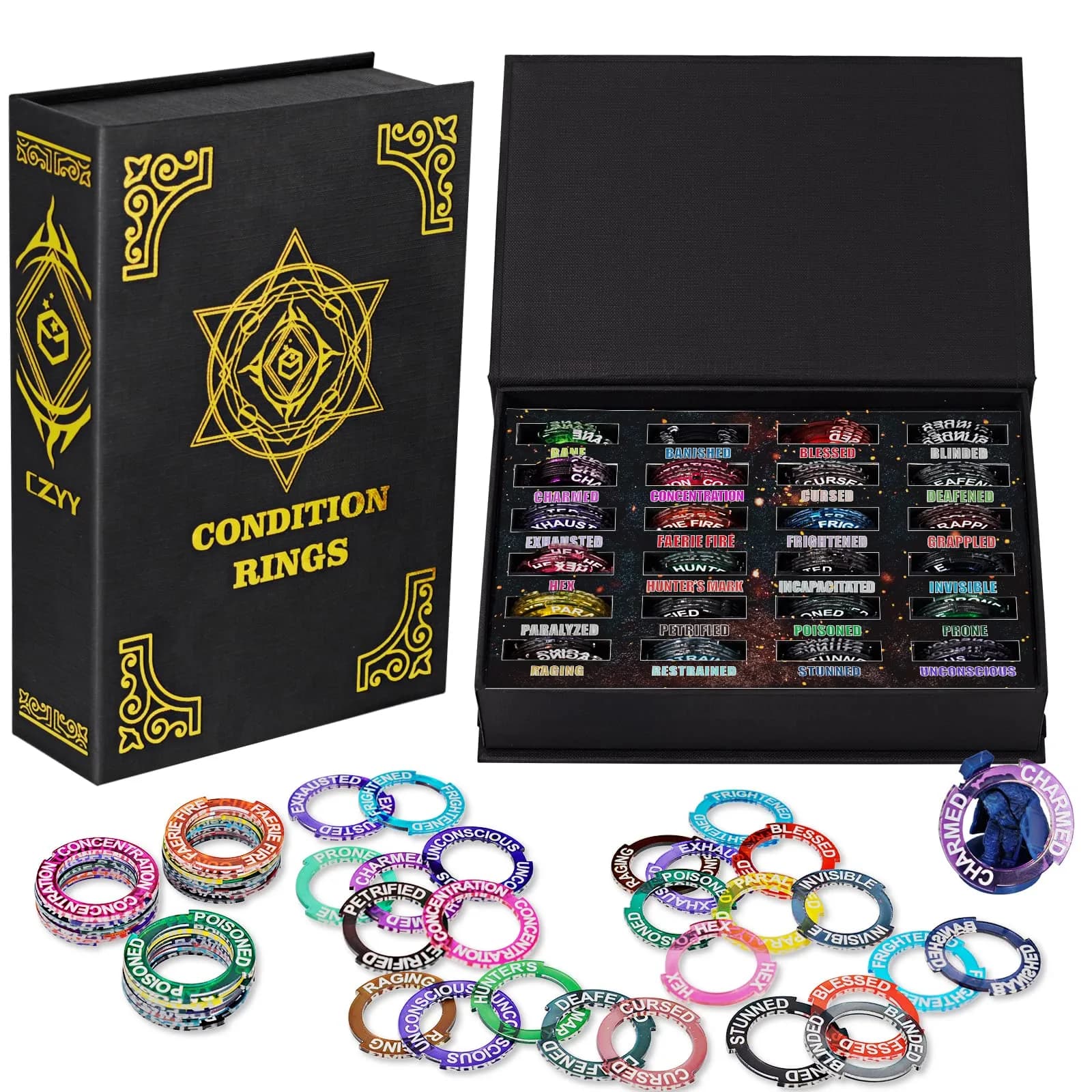 CZYY RPG Condition Rings, 96 Status Effect Markers with Storage Box | D&D 5E Compatible, Fantasy Theme