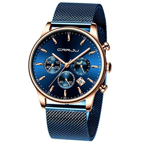 CRRJU Men's Blue Date Quartz Watch 42mm | Waterproof Casual Stainless Steel Mesh Strap thumbnail 1