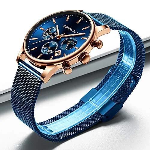 CRRJU Men's Blue Date Quartz Watch 42mm | Waterproof Casual Stainless Steel Mesh Strap thumbnail 4