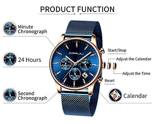 CRRJU Men's Blue Date Quartz Watch 42mm | Waterproof Casual Stainless Steel Mesh Strap thumbnail 5