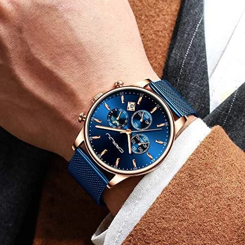 CRRJU Men's Blue Date Quartz Watch 42mm | Waterproof Casual Stainless Steel Mesh Strap thumbnail 7