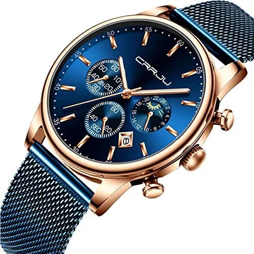 CRRJU Men's Blue Date Quartz Watch 42mm | Waterproof Casual Stainless Steel Mesh Strap thumbnail 2